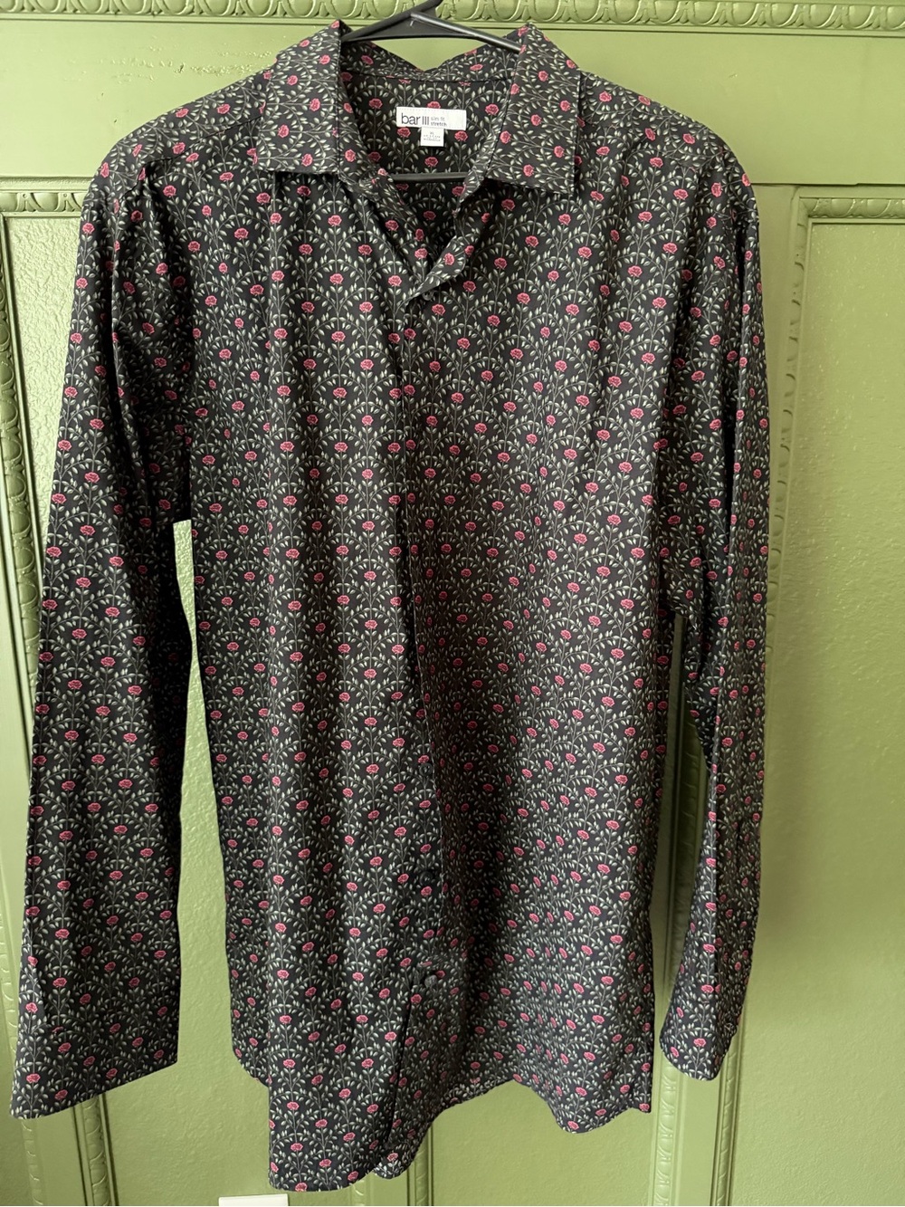 bar III Men’s Black Floral Long-Sleeve Shirt with Pink Accent